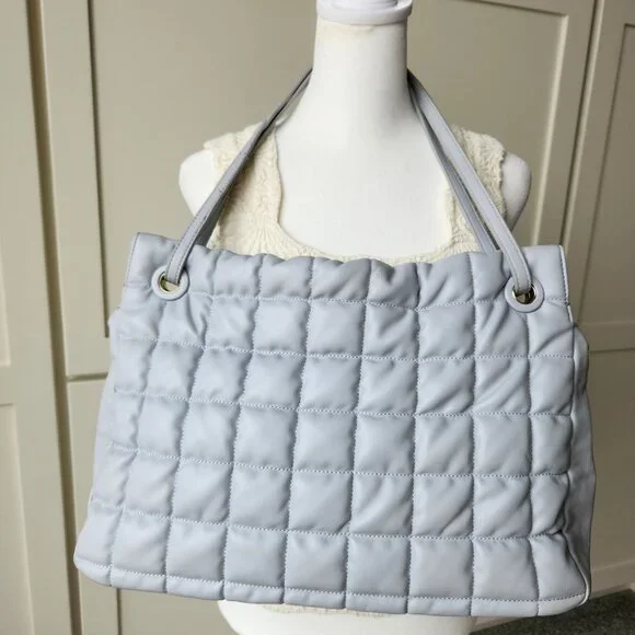 Vince Camuto Jass Quilted Puffy Large Shoulder Bag Tote Gray Faux Leather Soft - Picture 1 of 13
